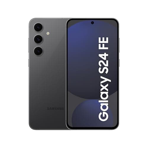 Samsung Galaxy S24 FE 5G 256GB 8GB RAM, cor grafite, mostrando verso e frente com câmera tripla.