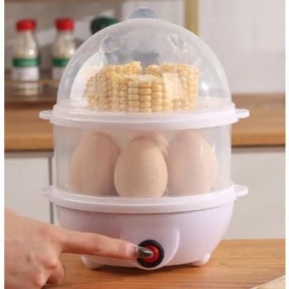 Cozinheiro de ovos de dois andares, branco, com tampa transparente e compartimentos para ovos e milho