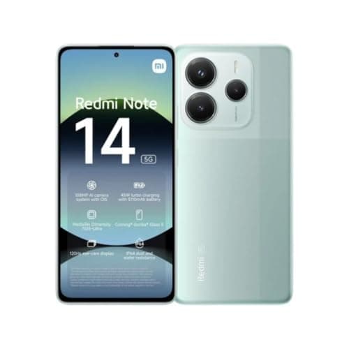 Smartphone Xiaomi Redmi Note 14 5G NFC Coral Green - lado frontal e traseiro