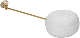 Torneira de bóia branca com braço dourado, fundo branco, ângulo frontal.