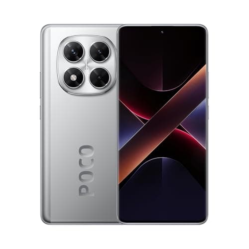 Imagem frontal e traseira do smartphone Xiaomi Poco X7 5G NFC Silver com acabamento metálico prateado.