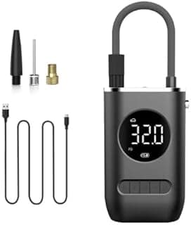 Mini compressor de ar portátil com acessórios e cabo USB, mostrando visor digital com 320.
