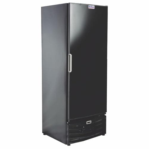 Freezer vertical Frilux 420 litros preto com porta cega, 220V, modelo RF-009, em ângulo frontal.