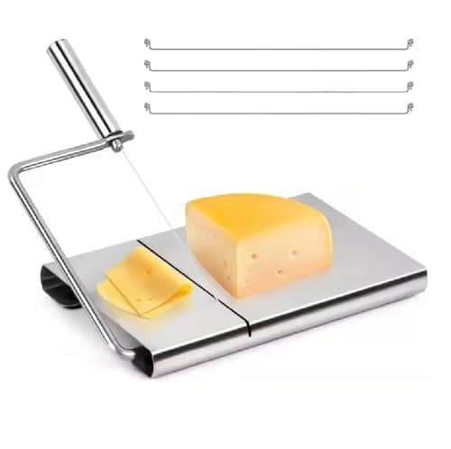 Fatiador de queijo em aço inox com fio, cortador com bandeja para frios, frutas e bolo
