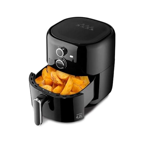 Fritadeira elétrica sem óleo preta 4,2L com timer sonoro, mostrando batatas fritas no cesto aberto