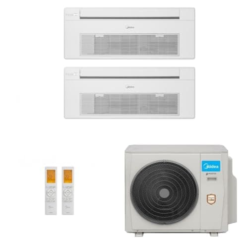 Ar-condicionado multi split inverter Springer Midea 18.000, unidade externa branca com controles remotos e evaporadores.