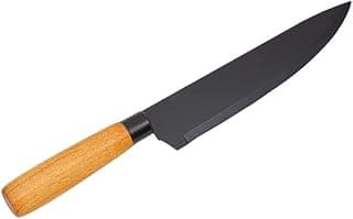 Faca Santoku com lâmina preta e cabo de madeira de acácia, ideal para cortar legumes e vegetais.