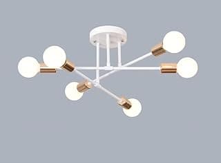 Luminária pendente Sputnik branca com seis lâmpadas, estrutura de metal branco e detalhes dourados.