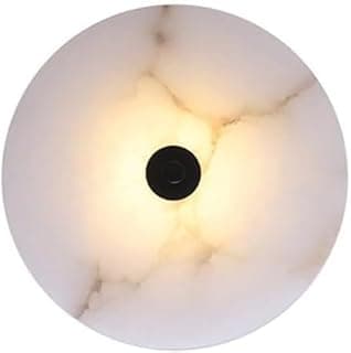 Luminária de parede redonda de mármore branco com acabamento marmorizado, iluminação suave e difusa.