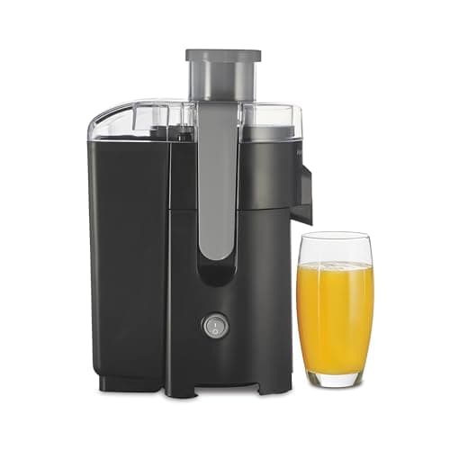 Máquina de suco HealthSmart da Hamilton Beach, preto e cinza, extrator centrífugo compacto, calha de alimentação de 6 cm, fácil de limpar, 400W