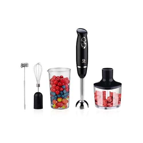 Mixer de mão 600W 3 em 1 com batedor e processador de alimentos, preto e prata, com frutas vermelhas e azuis