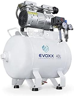 Compressor de ar odontológico Evoxx 40L, 1,14 HP, 220V, branco, frontal, com logo e número.