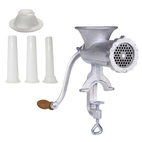 Moedor de carne manual de ferro fundido N10 Dasshaus com punho de madeira e tubos plásticos brancos