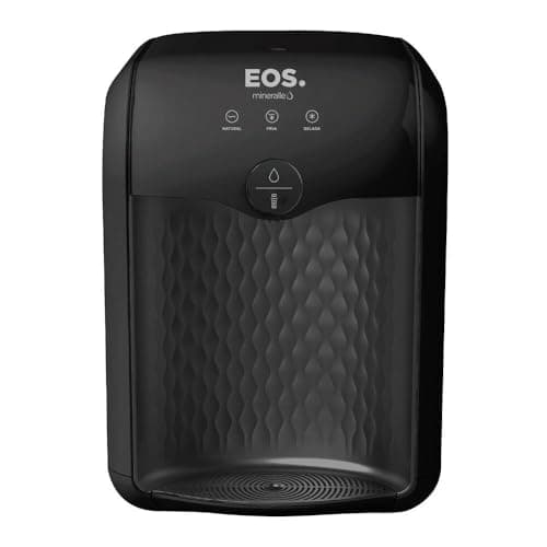 Bebedouro e purificador de água EOS Premium Eletrônico All Black, EPE01P, em fundo branco, mostrando painel frontal com logo e ícones de água.