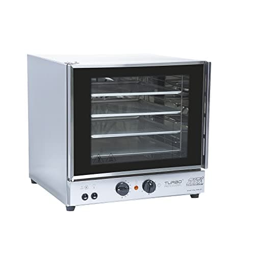 Forno turbo elétrico profissional com 4 assadeiras, tecnologia de rápido aquecimento, aço inoxidável, controles de temperatura e tempo, porta de vidro.