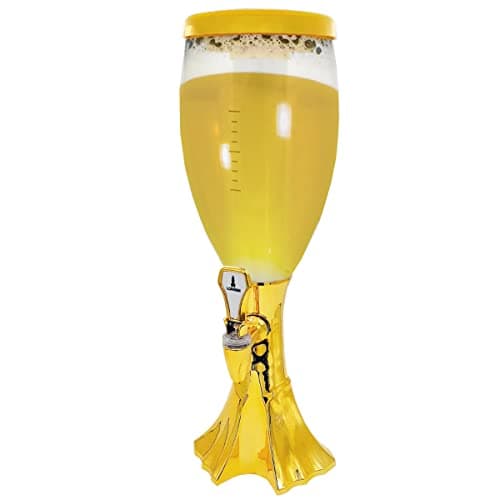 Torre de Chopp Lorben 2,5 litros com iluminação LED colorida, dourada com base em forma de peixe e tampa amarela.