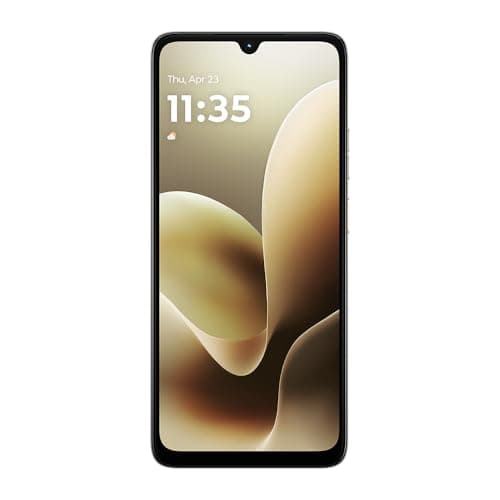 Smartphone Motorola Moto g06-256GB 12GB com tela de 6.9 polegadas, interface com tempo e data, fundo claro, acabamento elegante, cor predominante bege.