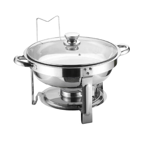 Rechaud redondo de 5 litros em aço inoxidável com tampa de vidro e saída de vapor, ideal para buffets e eventos.