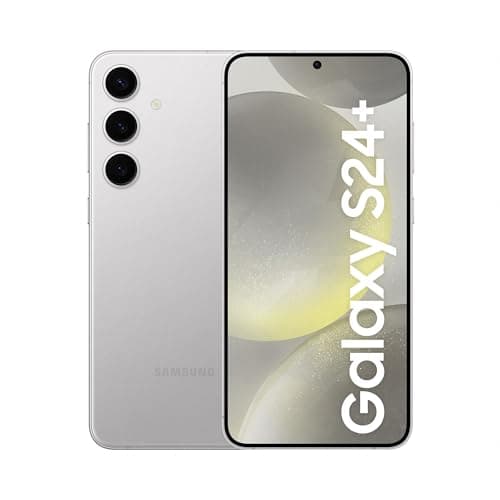Smartphone Samsung Galaxy S24+ cinza com câmeras traseiras e reflexo da tela