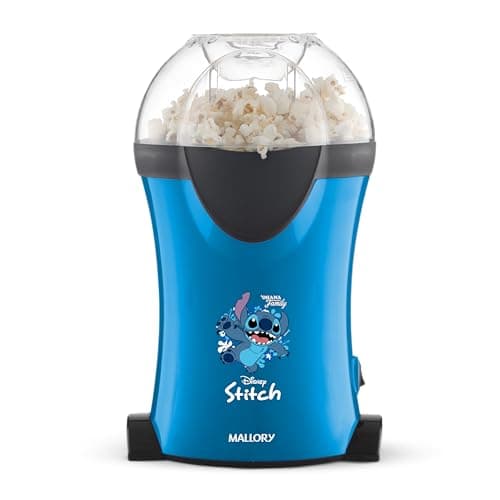 Pipoqueira Mallory Stitch estilo Disney com desenho do Stitch, azul e preto, bocal expulsador e copo medidor para manteiga, contra fundo branco.