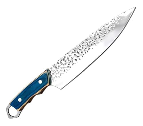 Faca de churrasco profissional com cabo azul e lâmina texturizada de aço inoxidável