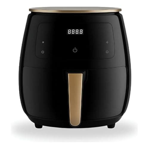 Fritadeira elétrica sem óleo de 4,5L com controle de temperatura e timer, design minimalista, preto e dourado
