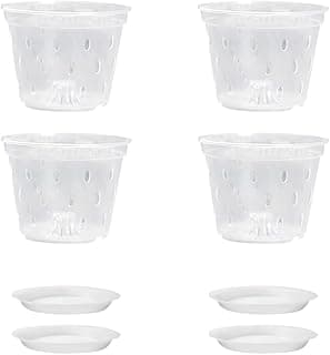 4 peças de vasos de orquídea de plástico transparente de 11 cm, vaso de plantas, pequeno, transparente, para jardim, vasos de sementes para iniciantes com furos e pires para repotting