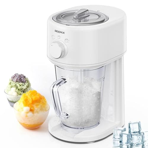 Reemix Máquina de gelo raspada, máquina de barbear de gelo elétrica e máquina de cone de neve com grande capacidade de armazenamento, triturador de gelo portátil A espessura do gelo pode ser ajustada