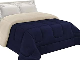 Edredom de casal queen size azul marinho e bege com textura de sherpa e pele de carneiro