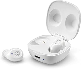 Fone de ouvido Motorola Moto Buds 105 branco em caixa de carregamento aberta