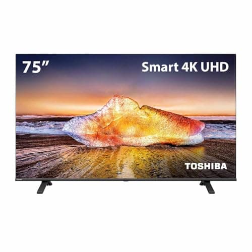 Smart TV 75 polegadas Toshiba 4K UHD com imagem de rocha em praia