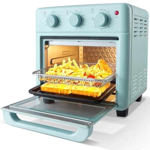 Forno de convecção retrô Novaspark com cesta de batatas fritas e pão dentro, azul claro