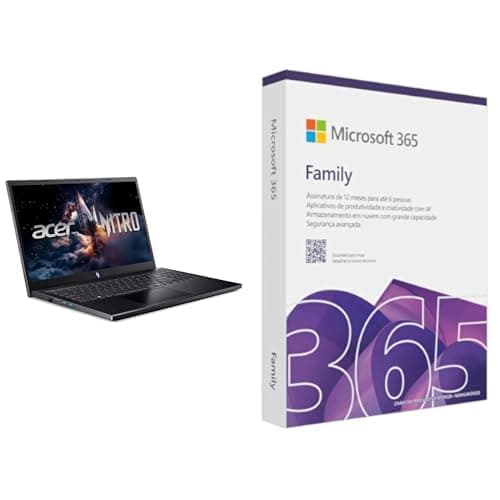 Notebook Acer Nitro V15 com tela aberta mostrando espaço sideral, acompanhado de caixa Microsoft 365 Family