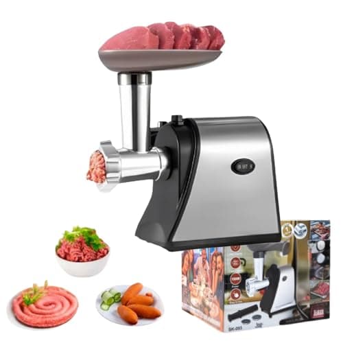 Moedor de Carne Elétrico 1500W com ingredientes e caixa do produto