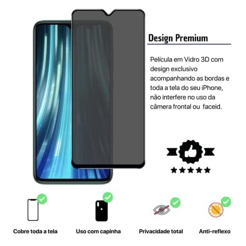 Película de vidro 3D para Xiaomi Redmi Note 8 Pro, privacidade total e anti-reflexo.