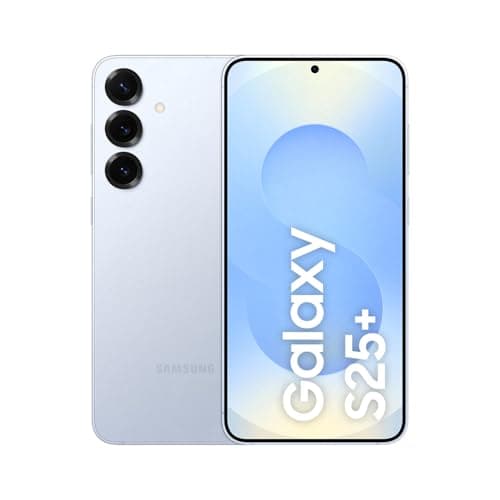 Smartphone Samsung Galaxy S25+ 5G, cor azul, câmera tripla, logo Samsung, tela com marca Galaxy e número 25+.