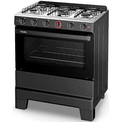 Fogão Esmaltec Ideal Super 5 Bocas, cor preta, com forno e 5 bocas de fogo, fundo branco.