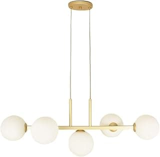 Luminária pendente linear moderna com cinco globos de vidro fosco dourado