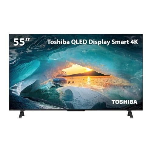Smart TV 55' Toshiba QLED 4K com imagem de icebergue e pôr do sol
