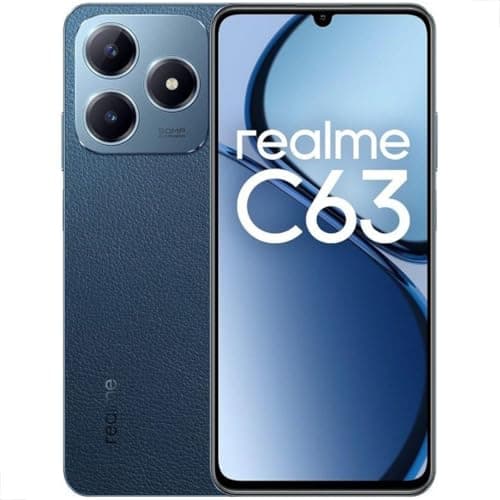 Smartphone Realme C63 256GB azul com quatro câmeras na parte traseira
