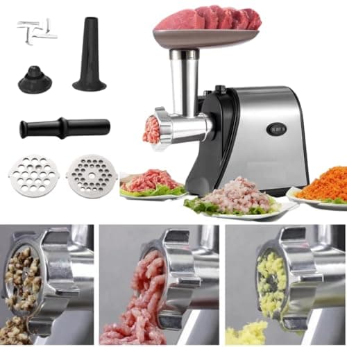 Moedor de carne automático 220V com acessórios e carne sendo moída