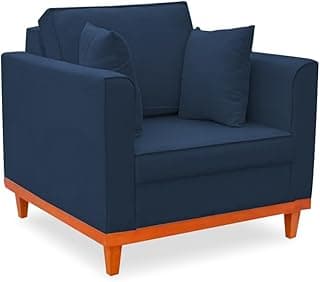 Sofá azul marinho com base de madeira reforçada e almofadas decorativas