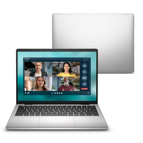Notebook Dell 14 polegadas FHD+ aberto com interface de videoconferência na tela