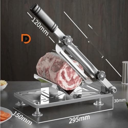 Cortador fatiador manual Snel, aço inoxidável, medidas detalhadas, para carnes.