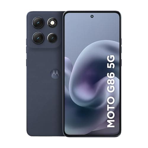 Smartphone Motorola Moto g86 5G grafite com tela ligada e traseira mostrando configuração de câmera tripla.