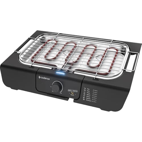 Churrasqueira elétrica Cadence Grill Menu 127V, preta com grelhas vermelhas, controle e logo Cadence