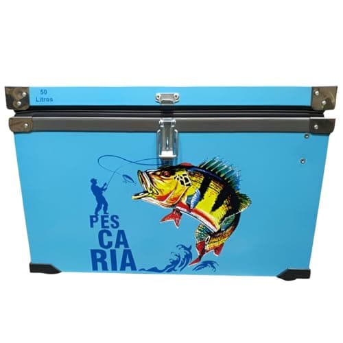 Caixa Térmica Azul 50 Litros Personalizada com Adesivo de Pesca
