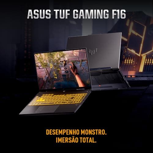 Dois Notebooks Asus TUF Gaming F16 abertos mostrando teclados com iluminação.