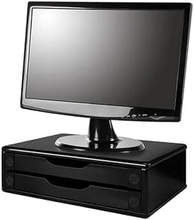 Suporte para monitor de mesa preto brilhante com duas gavetas organizadoras