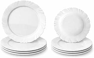 Conjunto de 8 pratos brancos com bordas decorativas, 4 rasos e 4 fundos, de opalina.